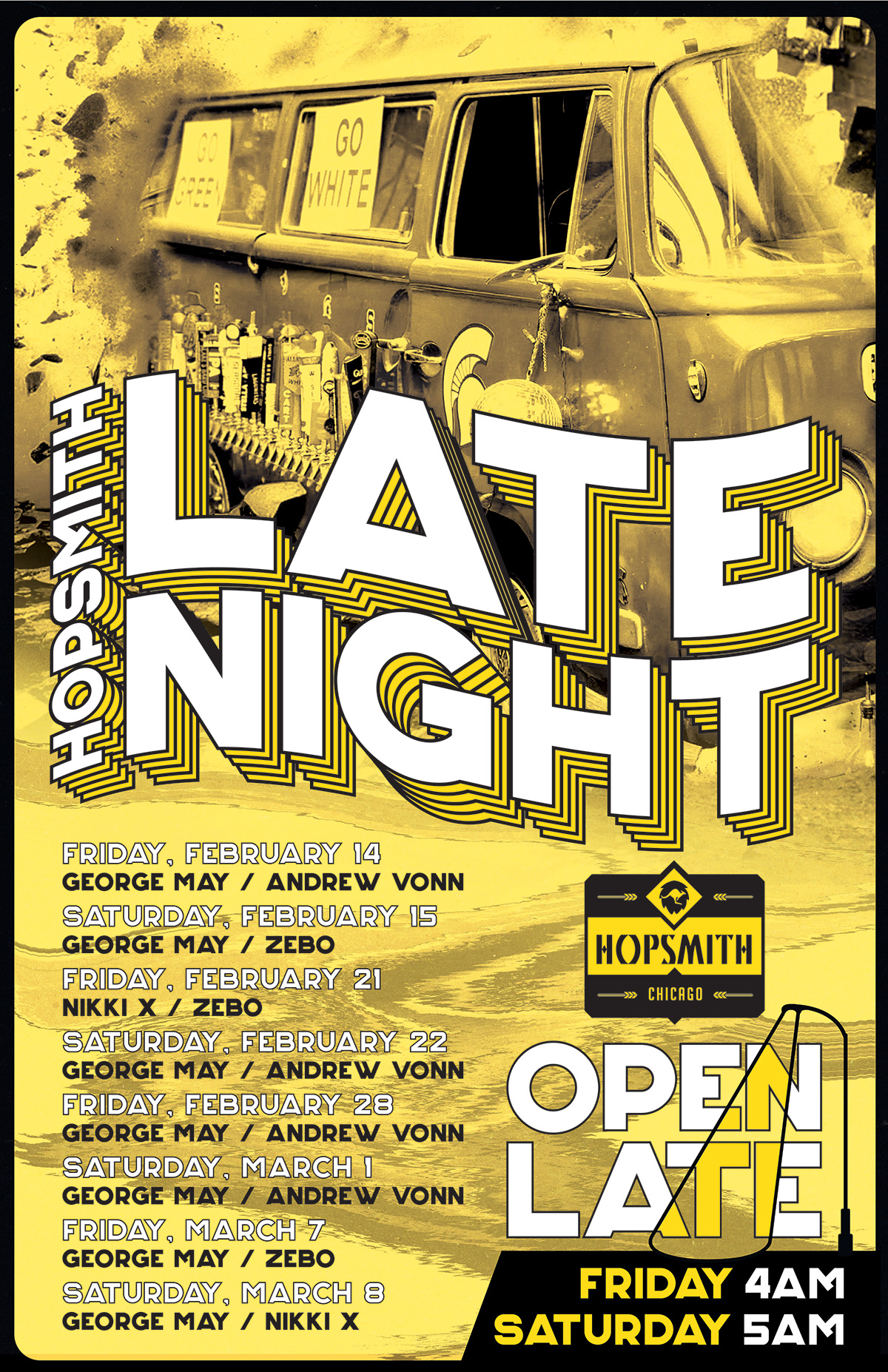 Late night DJs at Hopsmith til 4am and 5am on Saturday